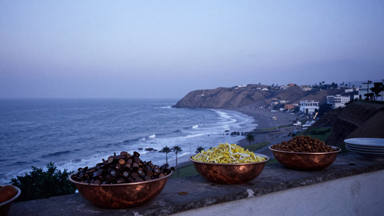 Evening Lima Peru Horizon View with Copper Bowls of Indian Curry on Balcony in in Lima, Peru