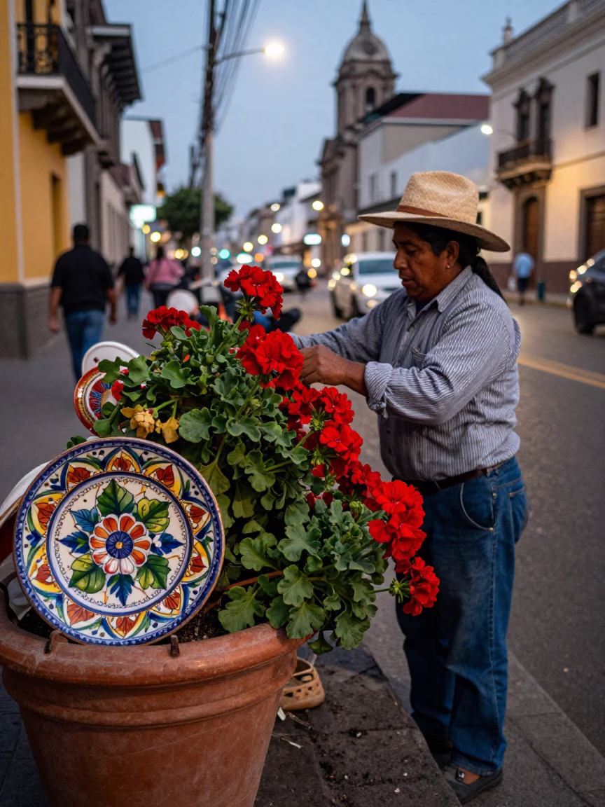 Evening Lima Peru Street Scene with Vintage Majolica Plate and Geraniums in in Lima, Peru