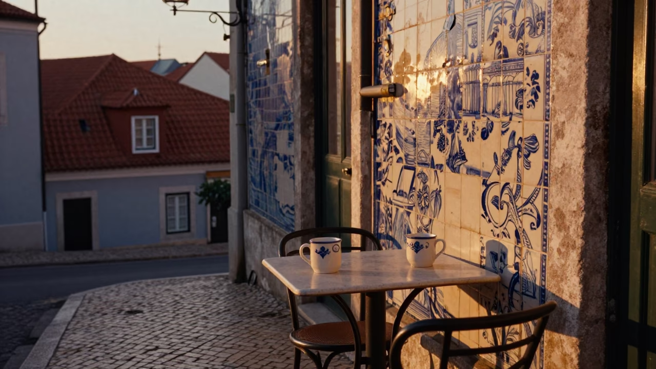 Evening Lisbon Street Scene with Ceramic Mugs and Rooftop Water Tower in in Lisbon, Portugal