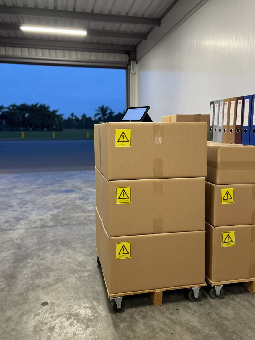 Evening Logistics Stack with Warning Stickers in inside a cross-dock lane near Lagos