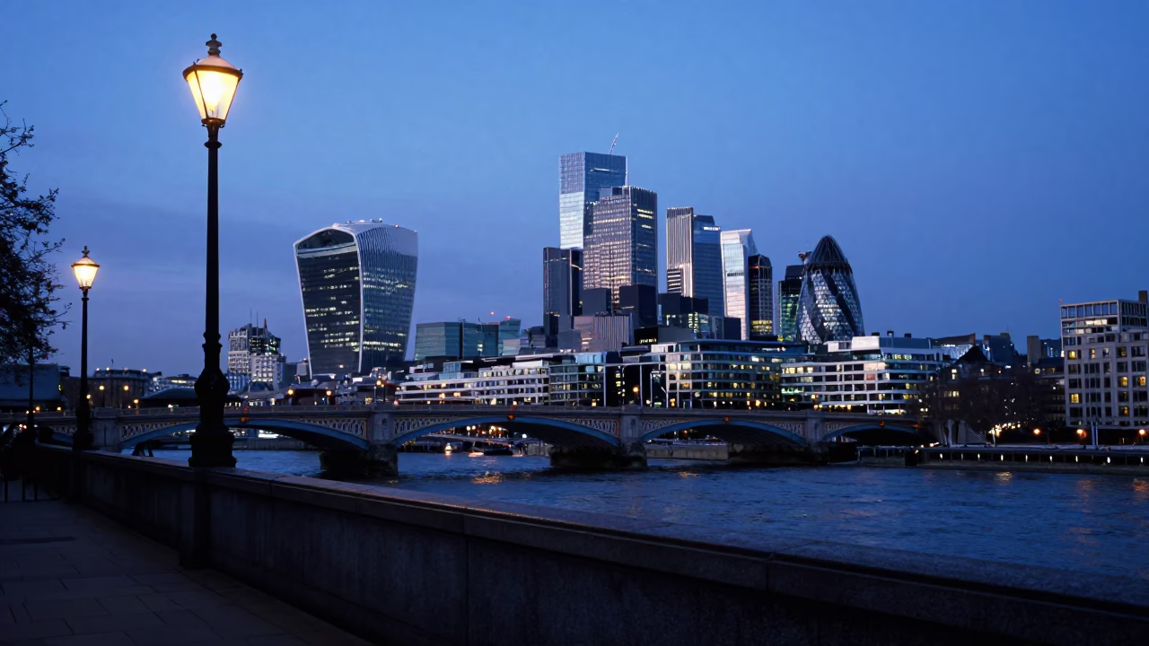 Evening London Skyline View with Street Lamp and Distant Bridge Silhouette in in London, United Kingdom