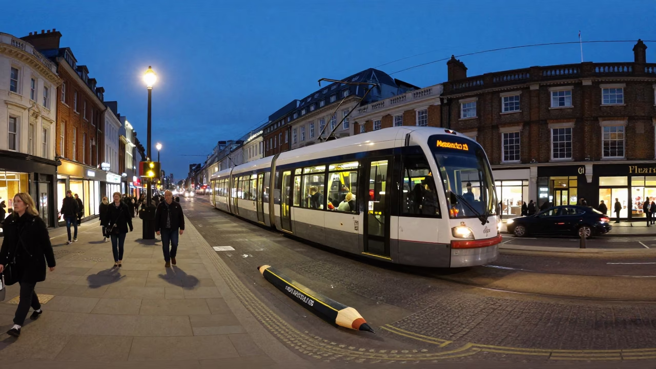 Evening London Street Scene with Mechanical Pencil and Tram in in London, United Kingdom