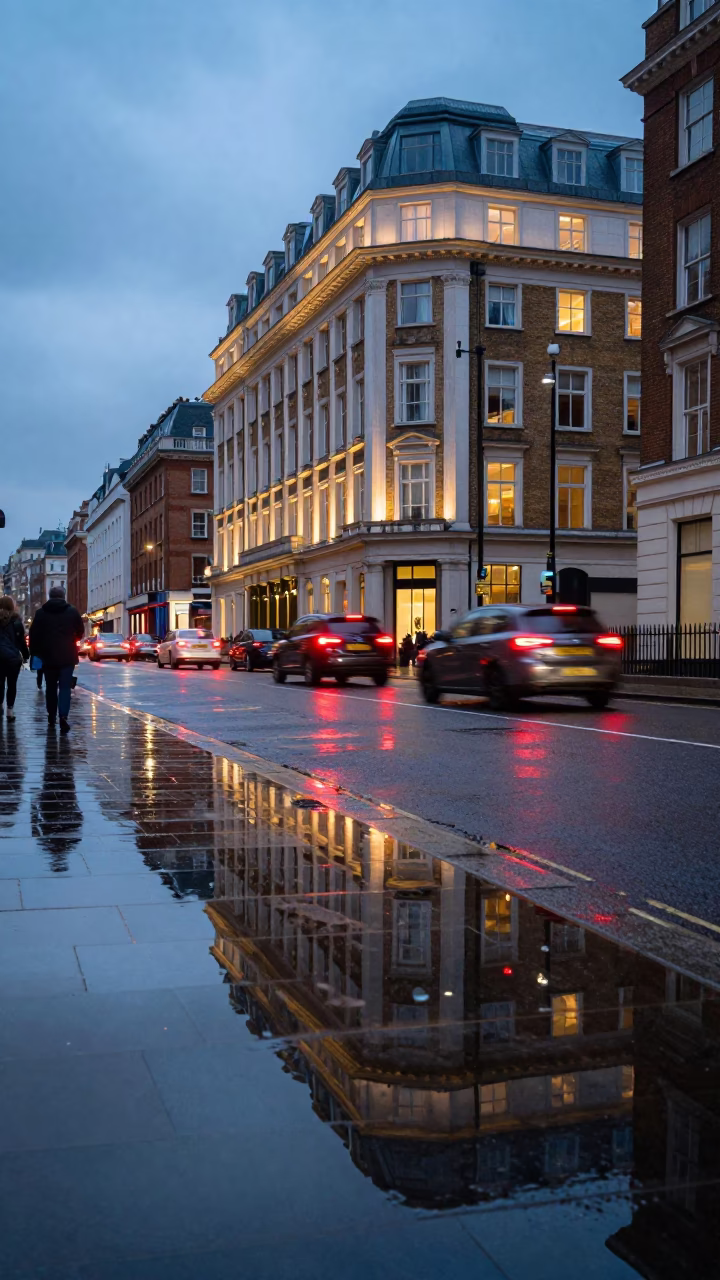 Evening London Street Scene with Puddle Reflections of Hotel Windows and Tail Lights in in London, United Kingdom