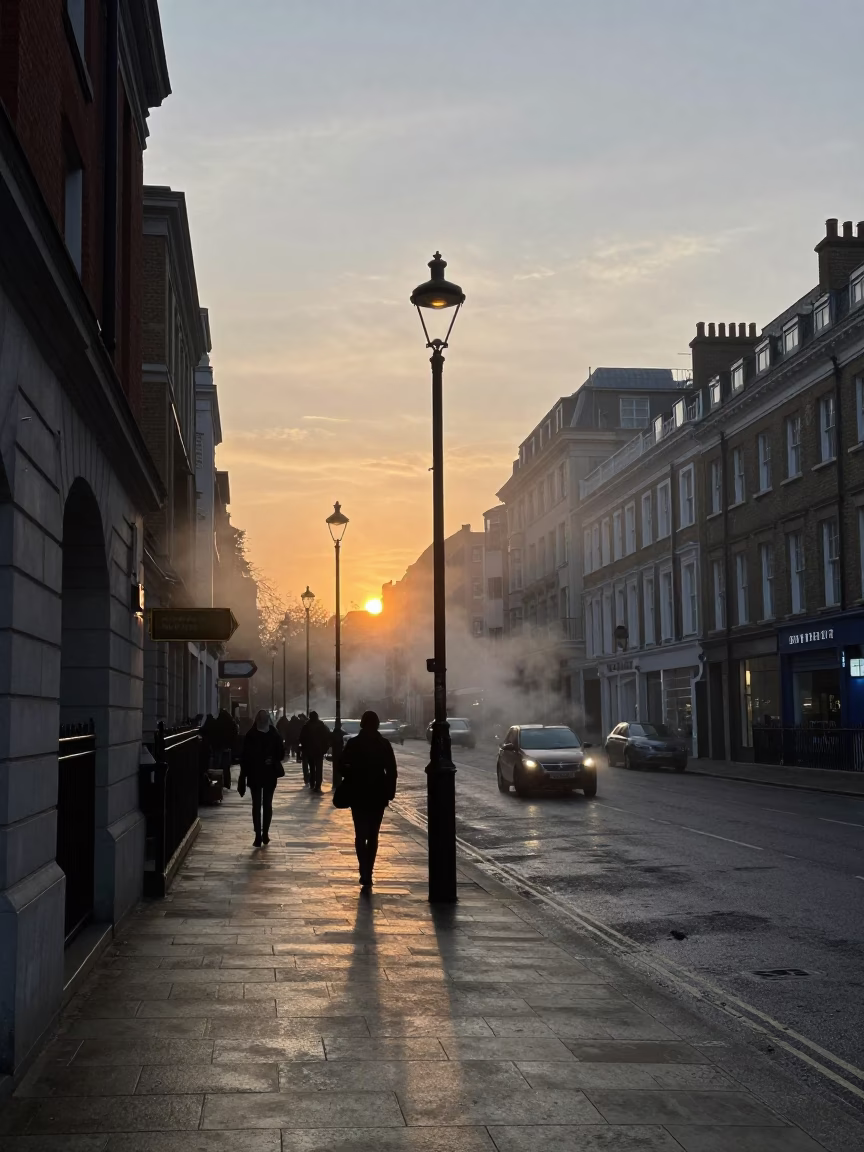 Evening London Street Scene with Steam Haze and Vintage Architecture in in London, United Kingdom