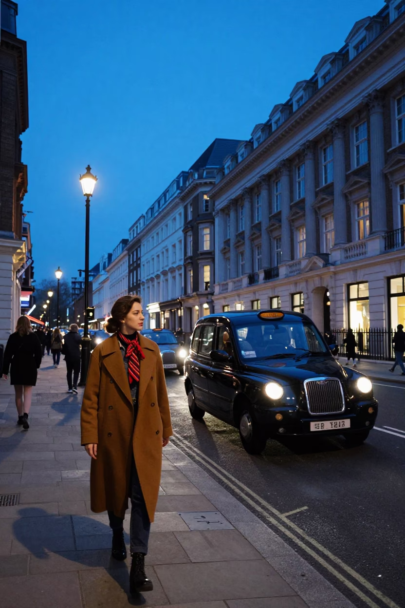 Evening London Street Scene with Vintage Fashion and Urban Life in in London, United Kingdom