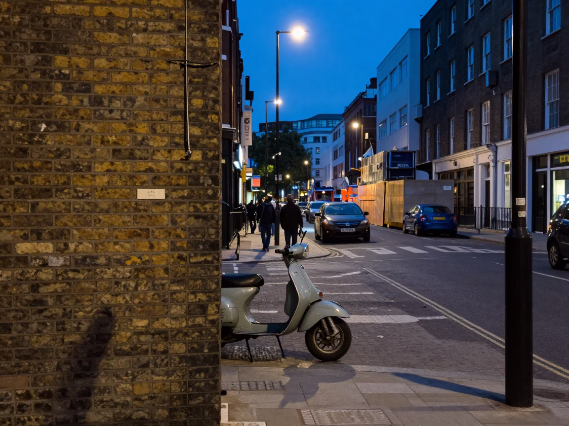 Evening London Street Scene with Vintage Scooter and Construction Activity in in London, United Kingdom