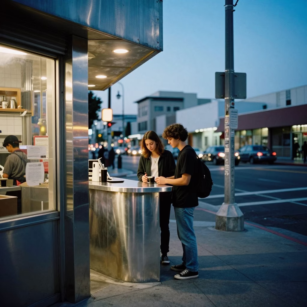 Evening Los Angeles Street Scene with Brushed Steel Details and Majolica Plates in in Los Angeles, California, United States