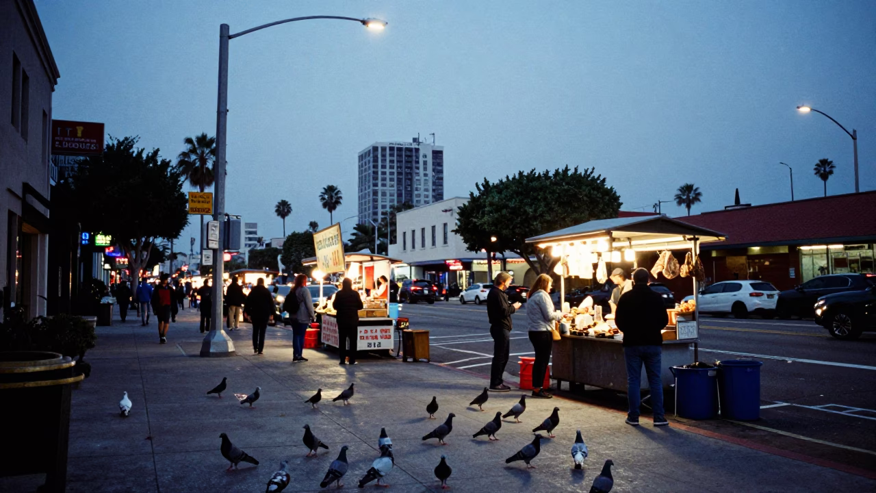 Evening Los Angeles Street Scene with Pigeons and Street Food Vendor in in Los Angeles, California, United States