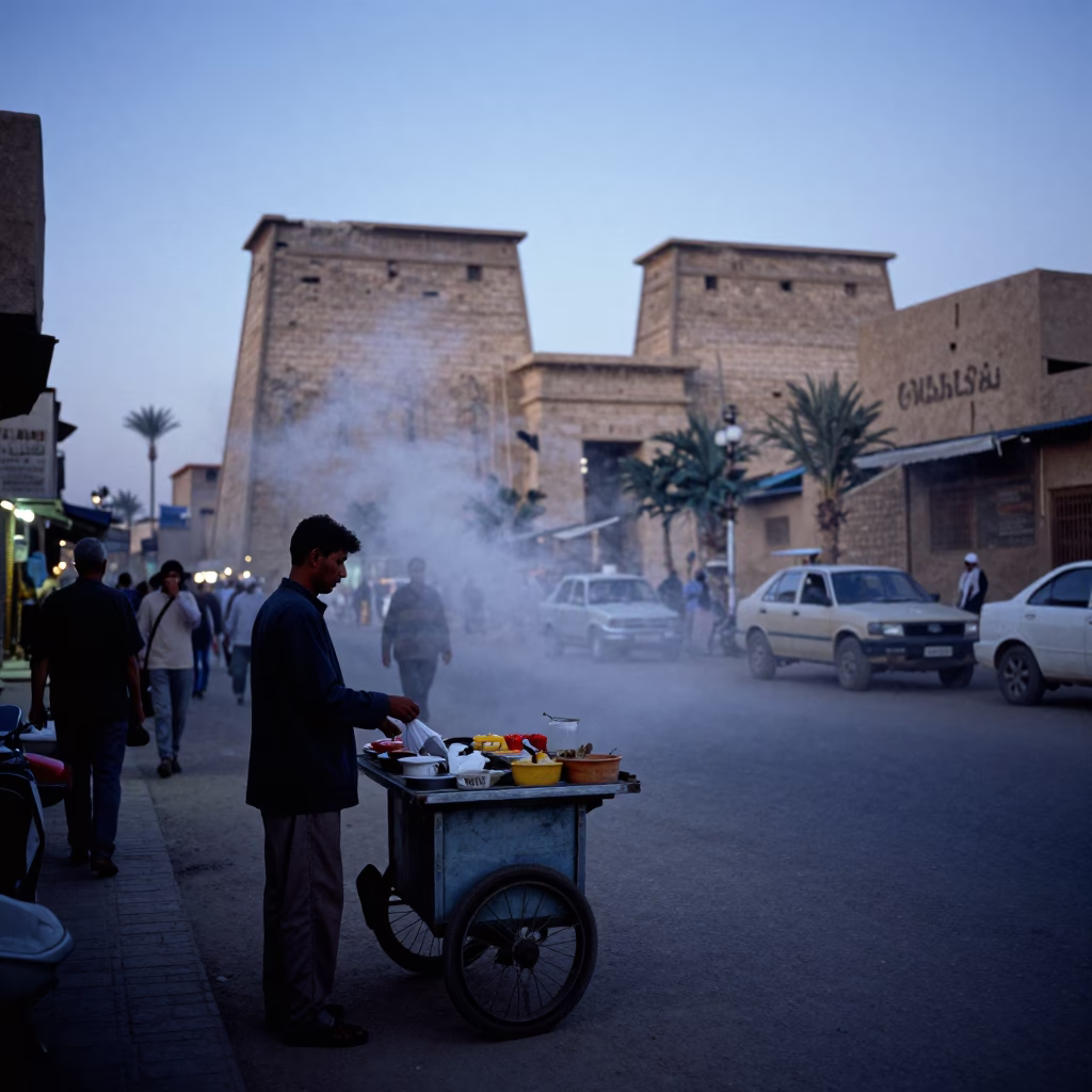 Evening Luxor Street Scene with Steam Haze and Traditional Tea Service in in Luxor, Egypt