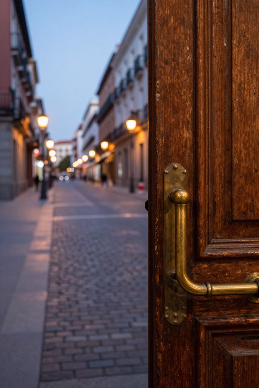 Evening Madrid Street Scene with Brass Gate Handle and Apples in Basket in in Madrid, Spain