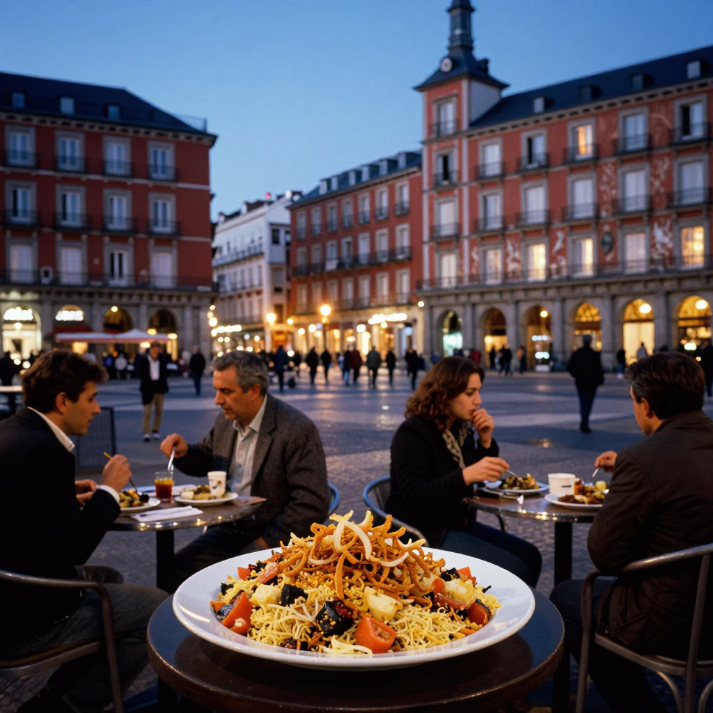 Evening Madrid Street Scene with Diners and Urban Architecture in in Madrid, Spain