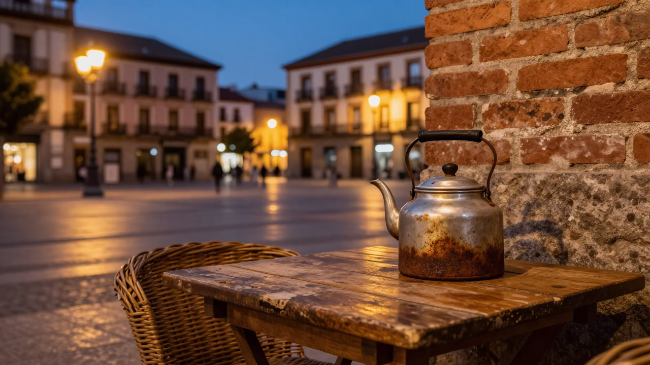 Evening Madrid Street Scene with Rusty Kettle and Wicker Basket on Cobblestone Plaza in in Madrid, Spain