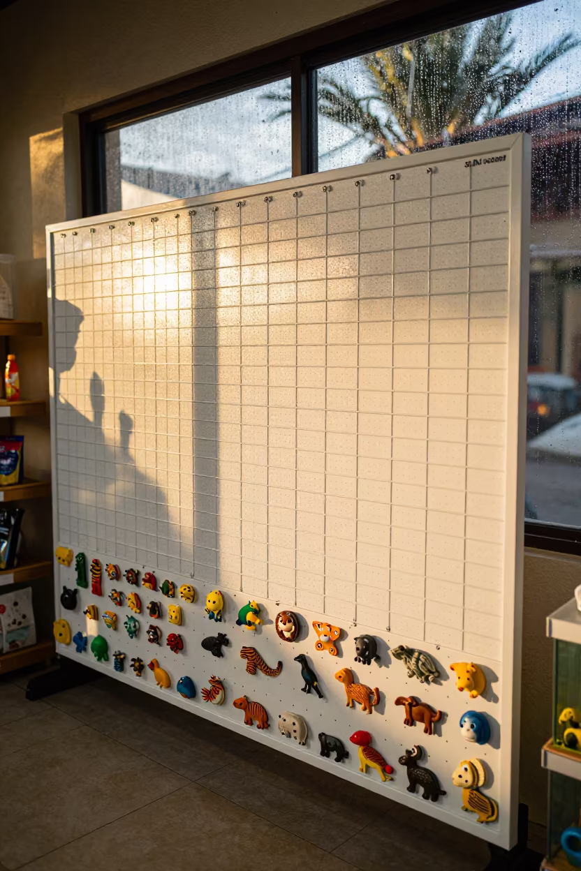 Evening Magnet Board for Pet Care Schedules in inside a pet store aisle in Cabo San Lucas
