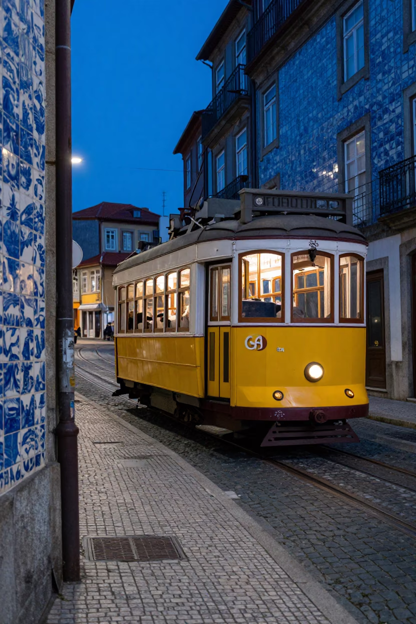 Evening Majolica Tiles and Tram 28 on Porto Portugal Blue Hour Streets in in Porto, Portugal