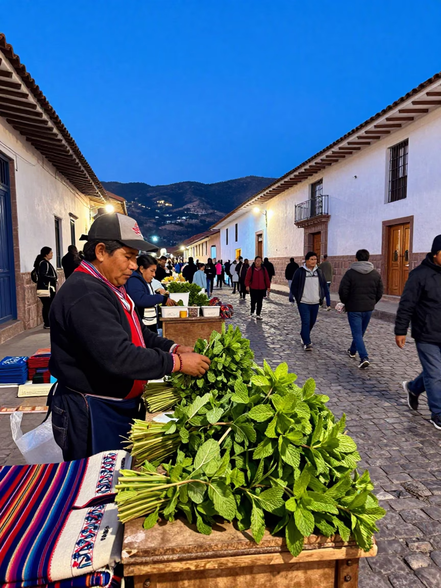 Evening Market in Cusco Peru with Fresh Mint and Traditional Textiles in in Cusco, Peru