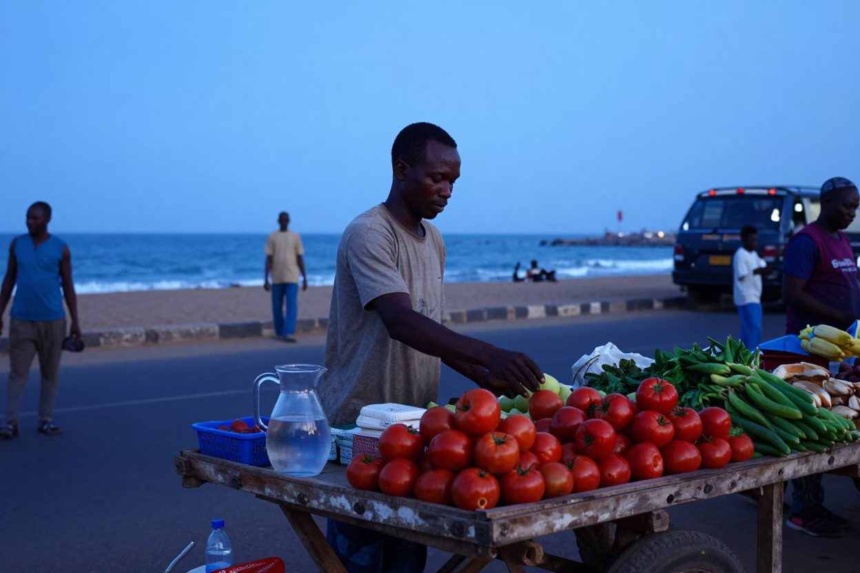 Evening Market Scene in Dakar Senegal with Local Vendors and Evening Light in in Dakar, Senegal