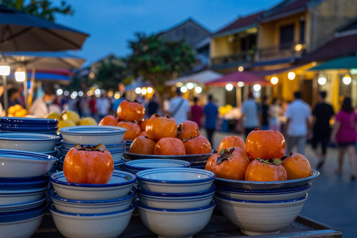 Evening Market Scene in Hoi An Vietnam with Persimmons and Ceramic Bowls in in Hoi An, Vietnam