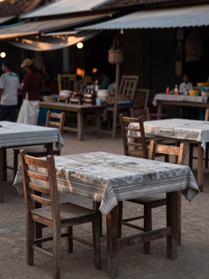 Evening Market Scene in Luang Prabang Laos with Wooden Furniture and Local Life in in Luang Prabang, Laos
