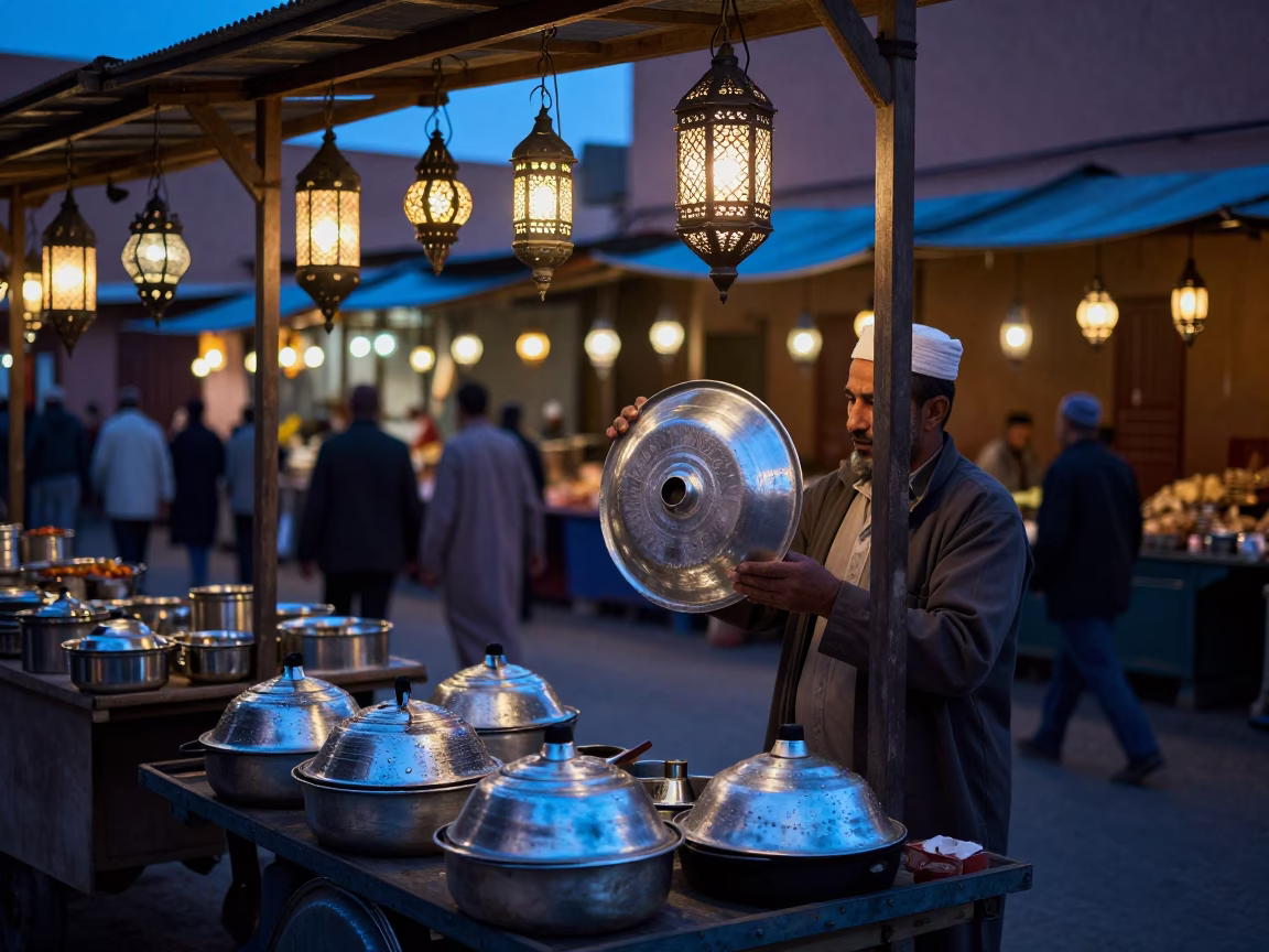 Evening Market Scene in Marrakech Morocco with Pot Lid and Condensation in in Marrakech, Morocco