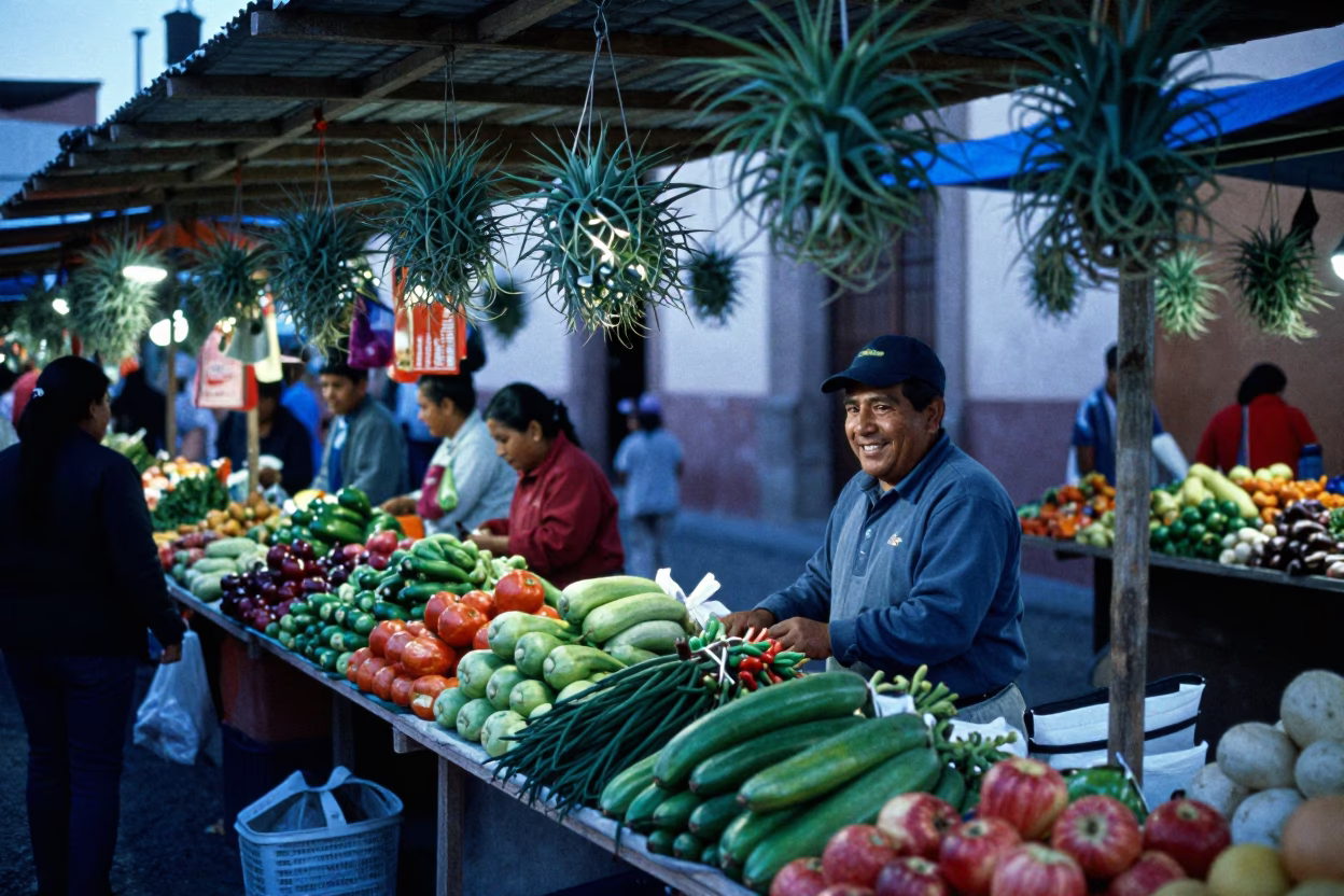 Evening Market Scene in Oaxaca Mexico with Hanging Air Plants and Local Vendors in in Oaxaca, Mexico