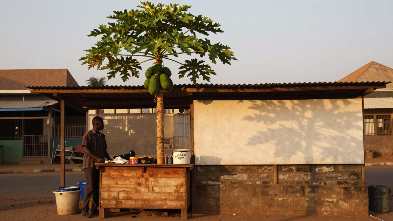 Evening Market Stall in Accra Ghana with Papaya Tree and Blank Notebooks in in Accra, Ghana