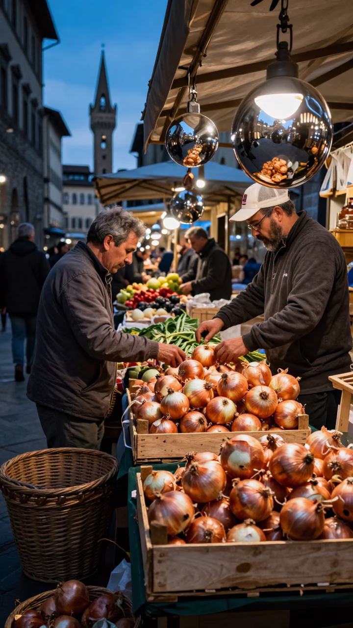 Evening Market Stall in Florence Italy with Onions and Steel Reflections in in Florence, Italy