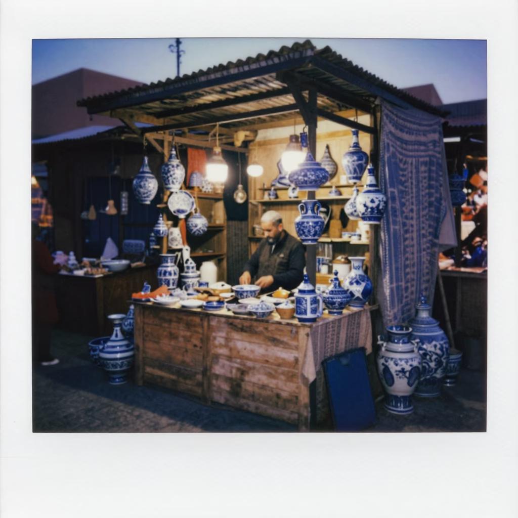 Evening Market Stall in Marrakech Morocco with Blue Porcelain and Linen Fringe Details in in Marrakech, Morocco