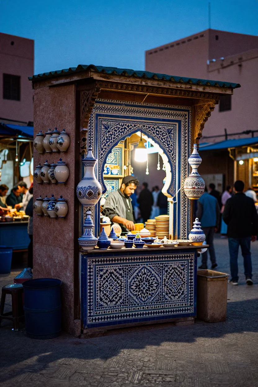 Evening Market Stall in Marrakech with Ceramic Salt Cellar and Woven Basket in in Marrakech, Morocco