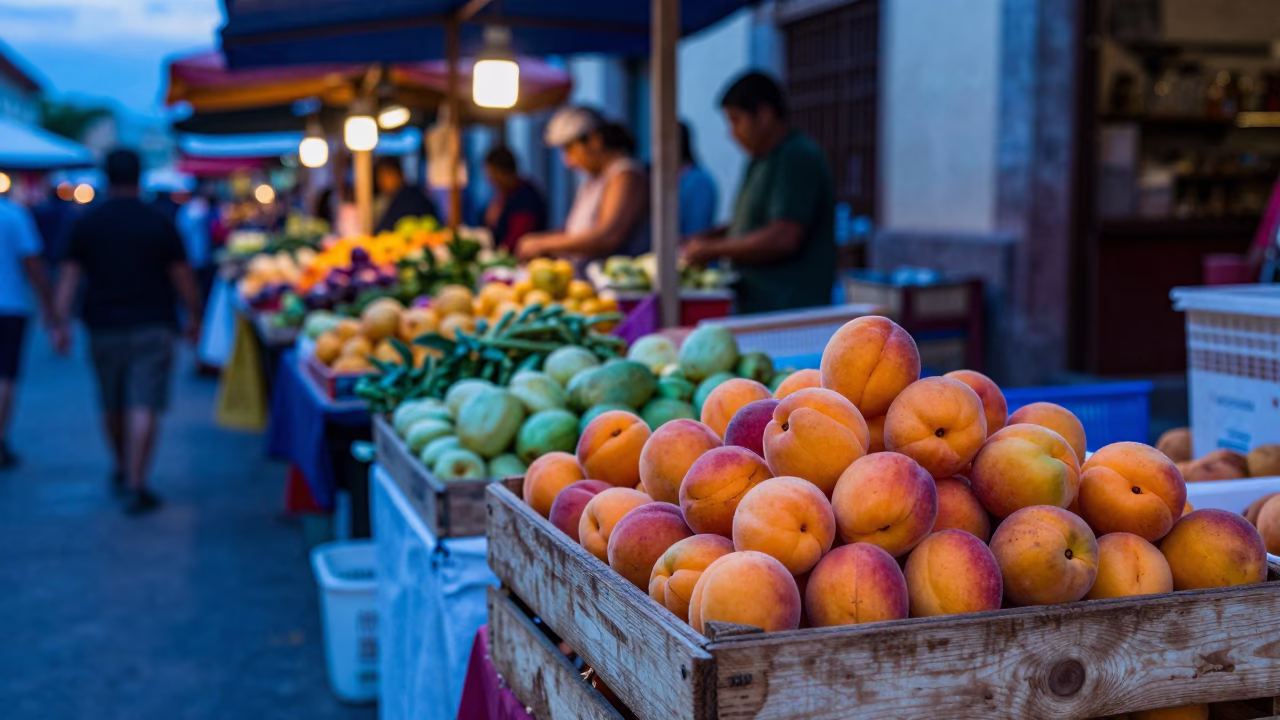 Evening Market Stall in Oaxaca Mexico with Apricots and Local Produce in in Oaxaca, Mexico