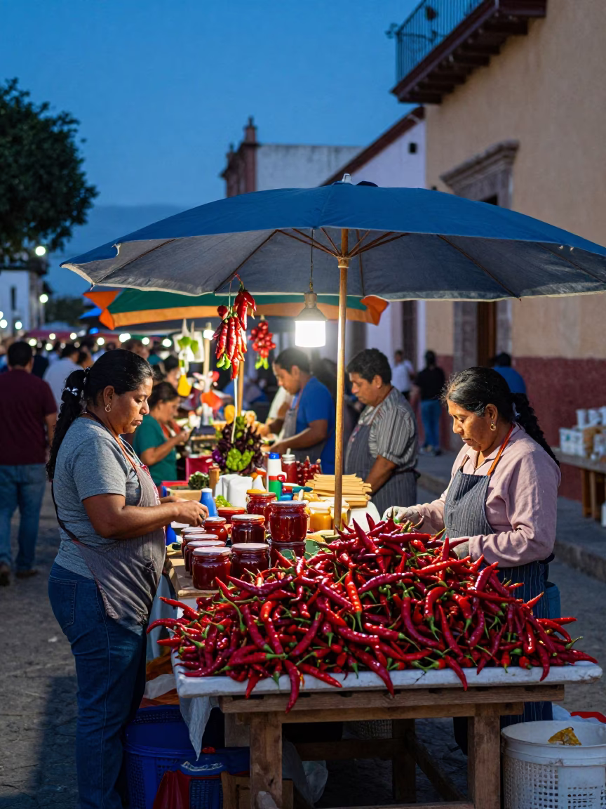 Evening Market Stall in Oaxaca Mexico with Chili Peppers and Jam Jars in in Oaxaca, Mexico