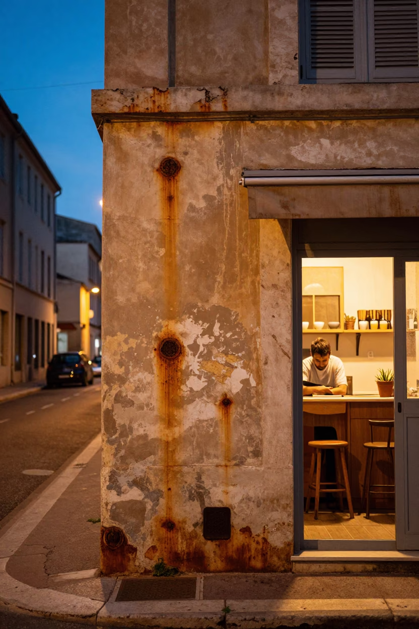 Evening Marseille Street Scene with Rusty Wall and Kitchen Shelves Display in in Marseille, France