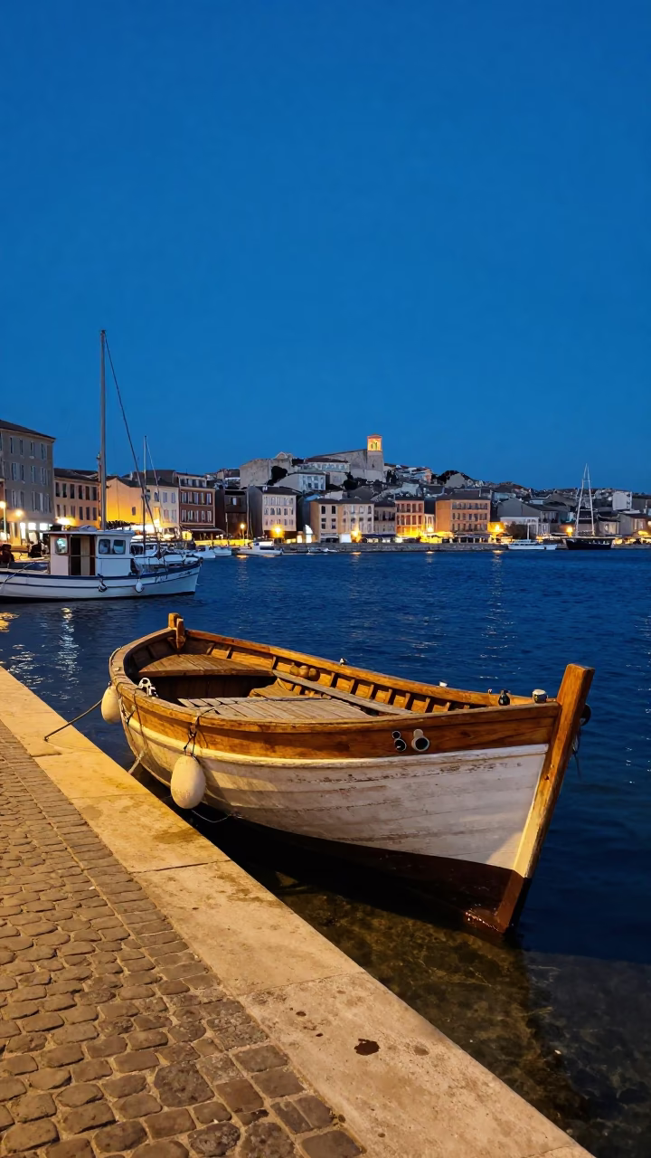 Evening Marseille Street Scene with Wooden Fishing Boat and Watering Can in in Marseille, France