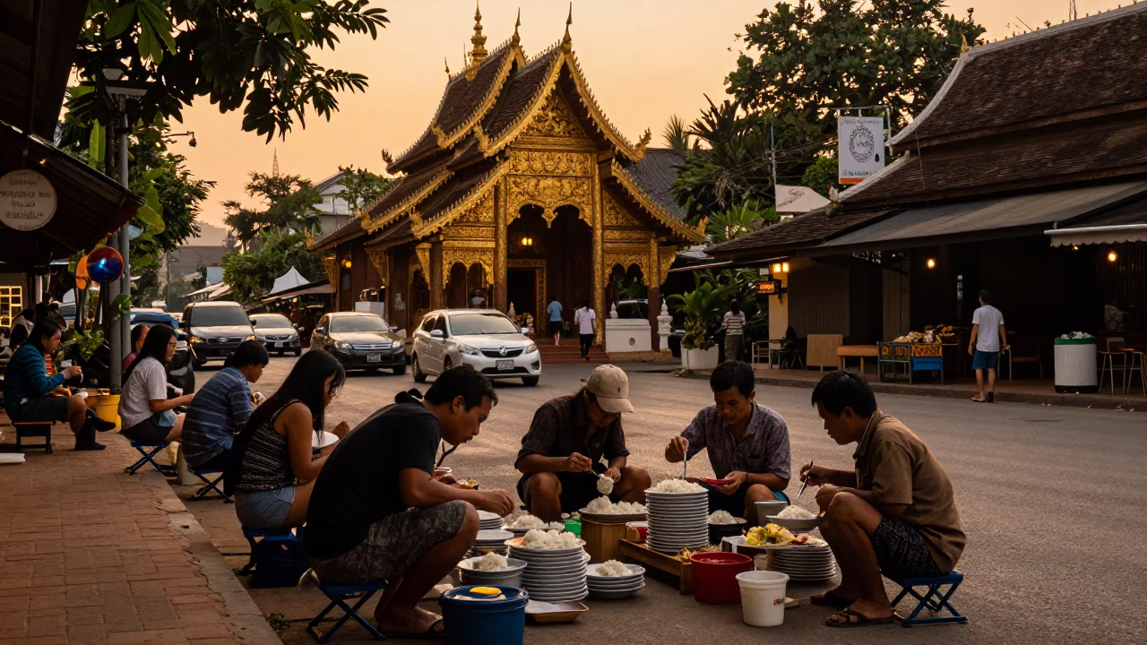 Evening Meal in Chiang Mai at Honeyed Evening Light in in Chiang Mai, Thailand