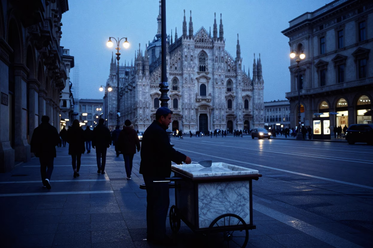Evening Milan Street Scene with Marble Set and Spatula on Busy Sidewalk in in Milan, Italy