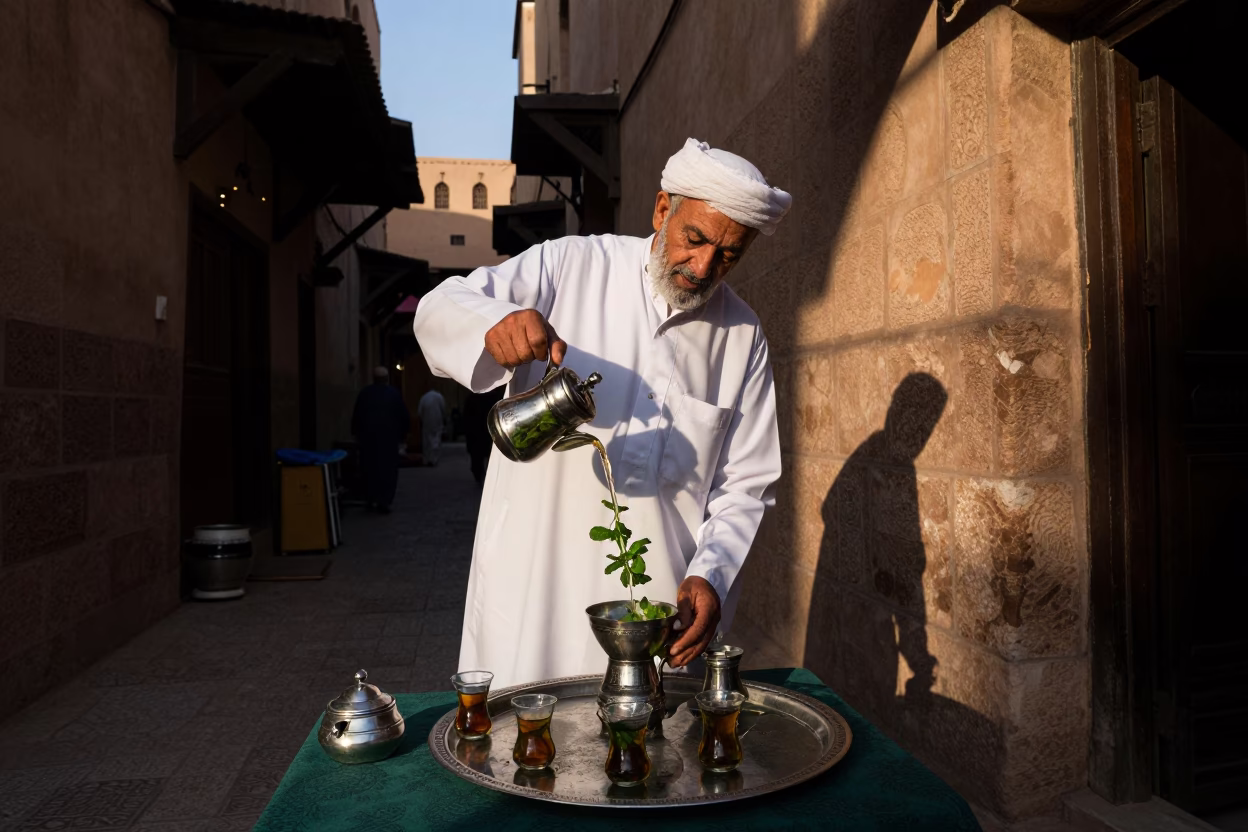 Evening Mint Tea Preparation in Marrakech Medina Souk with Traditional Metal Kettles in in Marrakech, Morocco