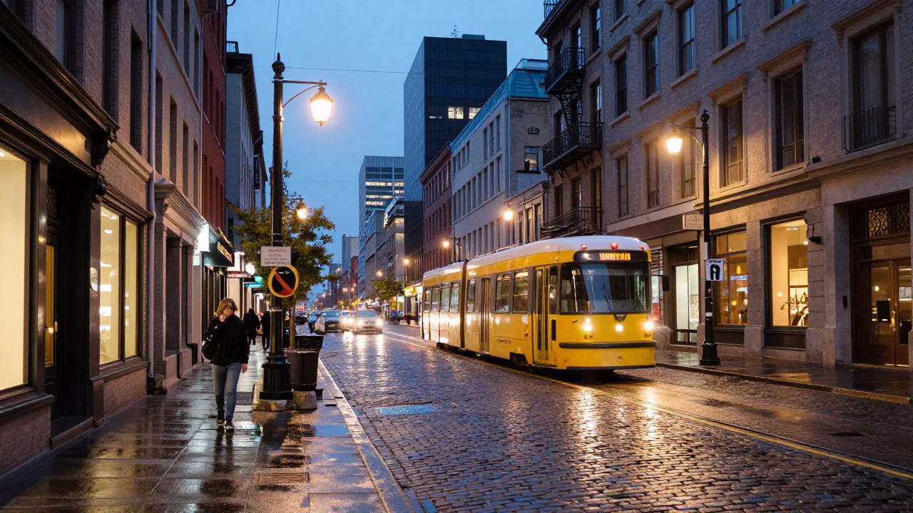 Evening Montreal Street Scene with Glowing Lights and Urban Details in in Montreal, Quebec, Canada