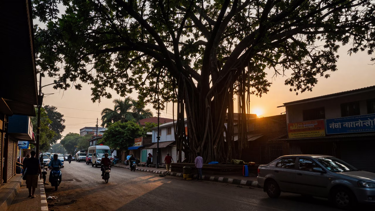 Evening Mumbai Street Scene with Banyan Tree and Grease Sheen on Rail in in Mumbai, India