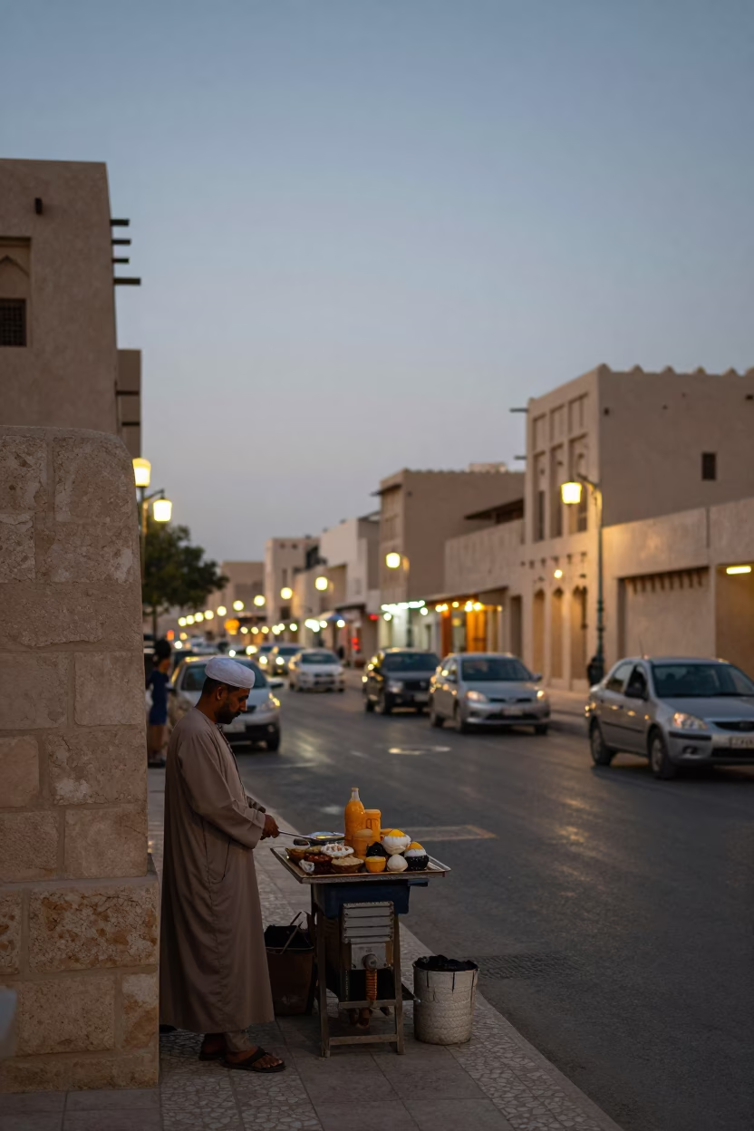 Evening Muscat Street Scene with Date Vendor and Traditional Architecture in in Muscat, Oman