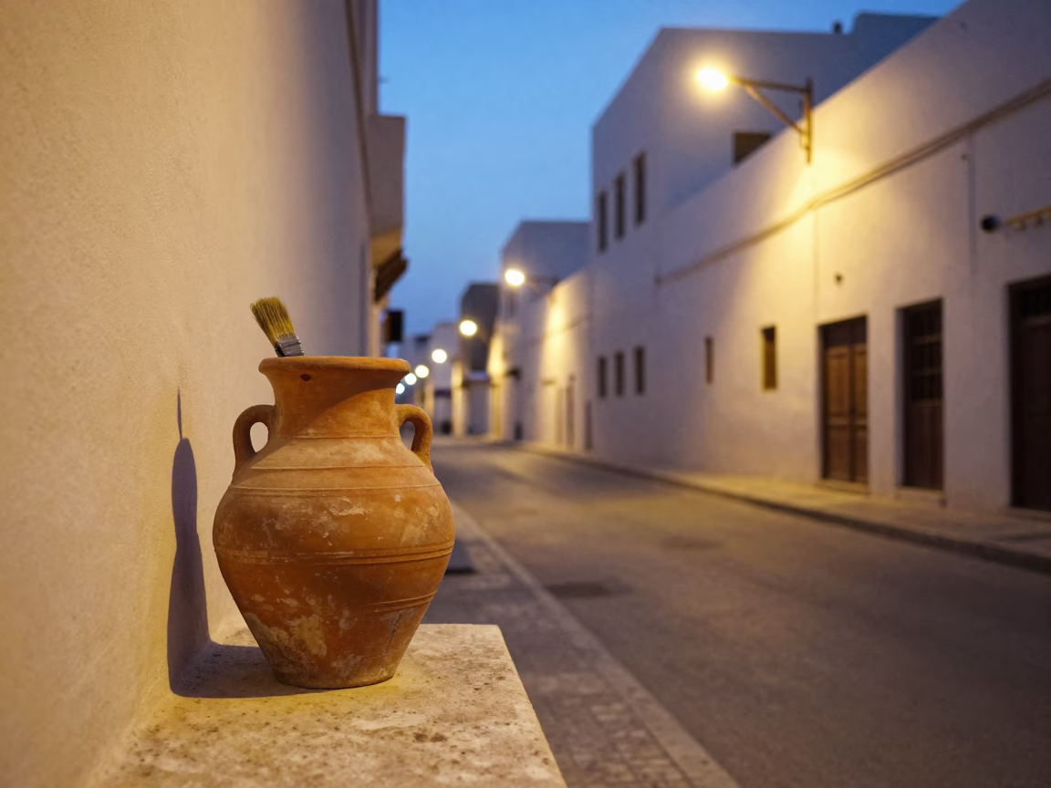 Evening Muscat Street Scene with Terracotta Pot and Brush Near Traditional Architecture in in Muscat, Oman