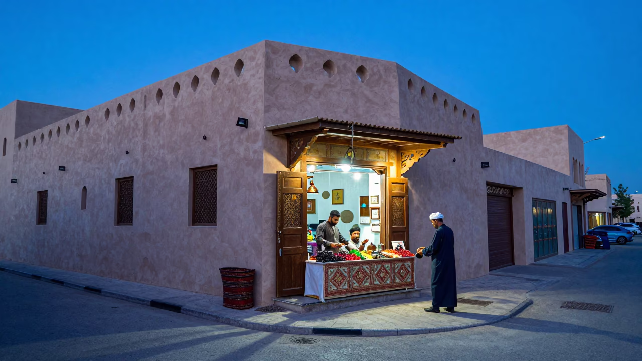 Evening Muscat Street Scene with Traditional Decor and Local Life in in Muscat, Oman
