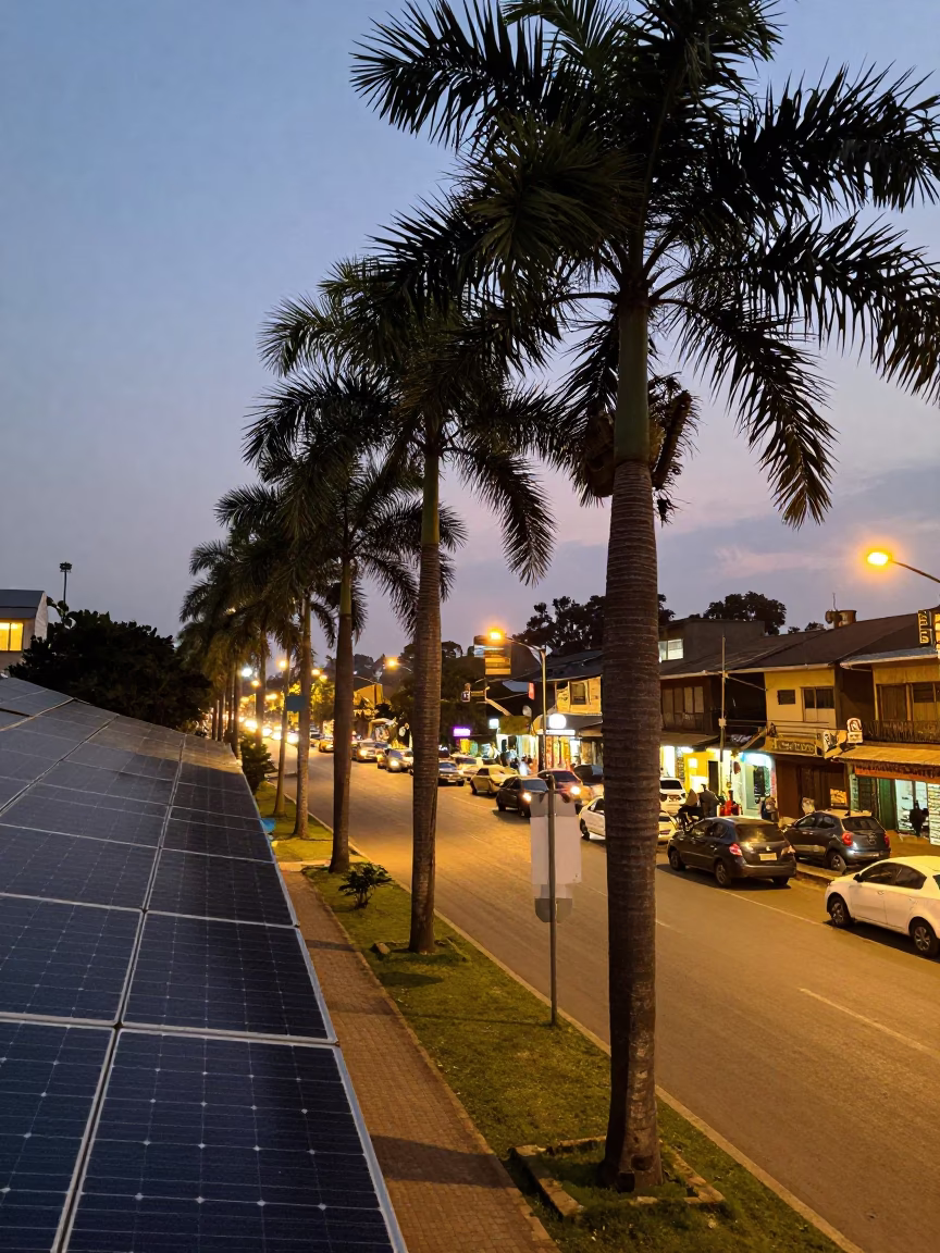 Evening Nairobi Kenya Street Scene with Solar Panels and Local Commerce in in Nairobi, Kenya