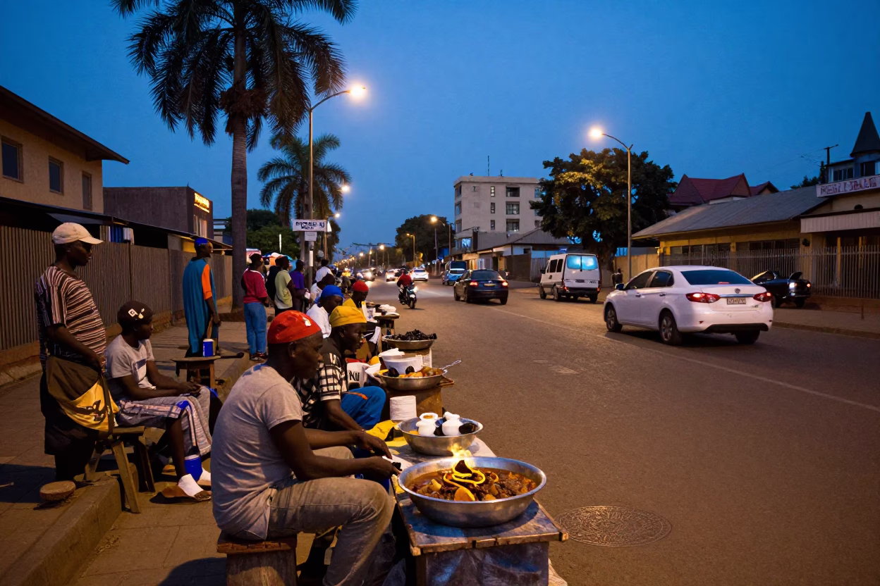 Evening Nairobi Street Scene with Palm Tree Avenue and Local Market Activity in in Nairobi, Kenya