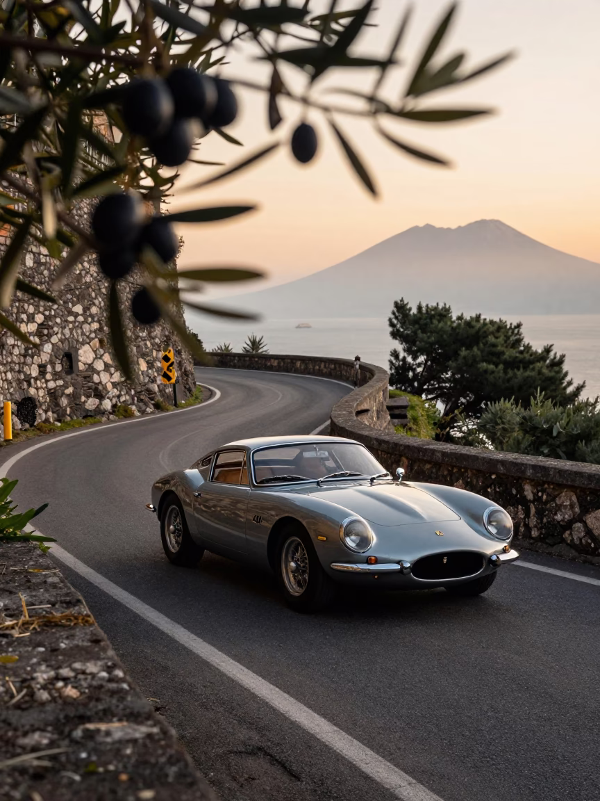 Evening Naples Italy street scene with vintage sports car and olive branch in in Naples, Italy