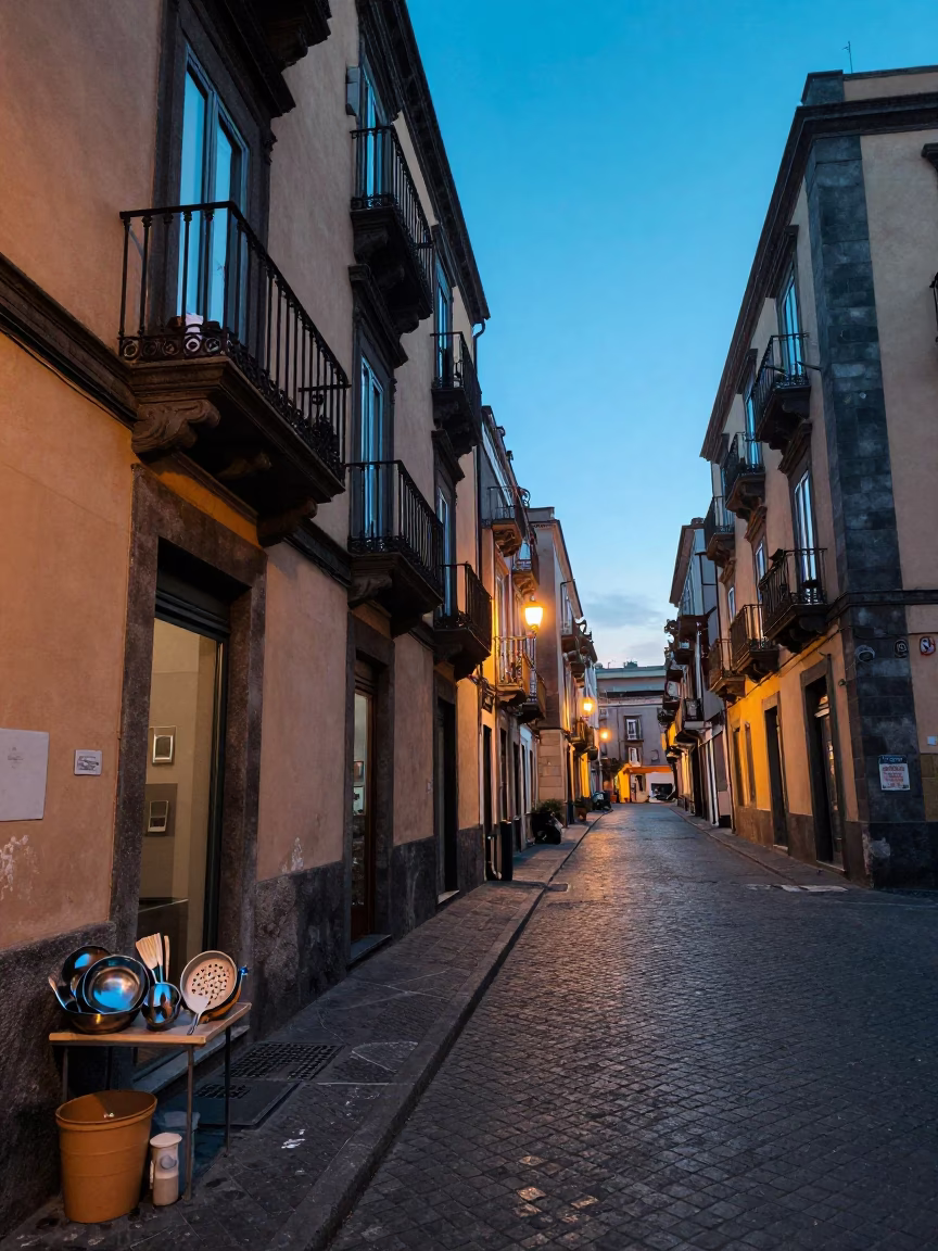 Evening Naples Street Scene with Colander and Kitchen Utensils Hanging Outside Traditional Home in in Naples, Italy