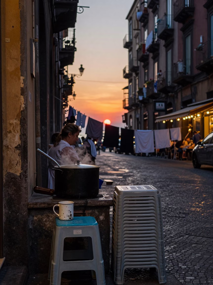 Evening Naples Street Scene with Cooking Pot and Mug on Balcony in in Naples, Italy