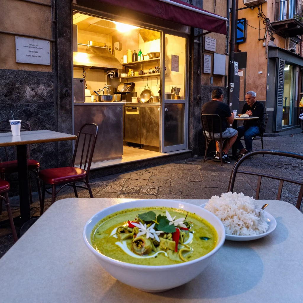 Evening Naples Street Scene with Green Curry and Kitchen Stool in in Naples, Italy