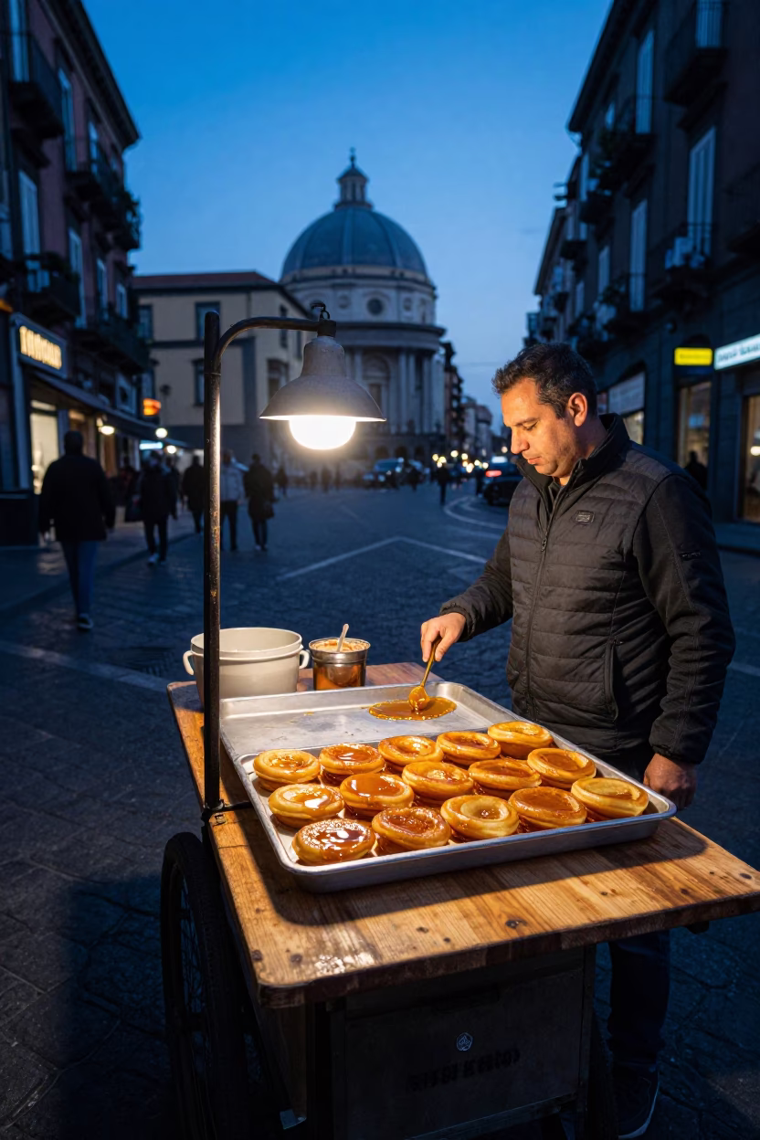 Evening Naples Street Scene with Honey Drenched Loukoumades and Local Life in in Naples, Italy