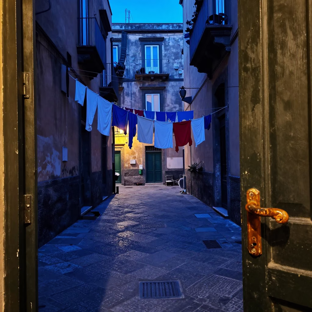 Evening Naples Street Scene with Laundry Lines and Door Handles in in Naples, Italy
