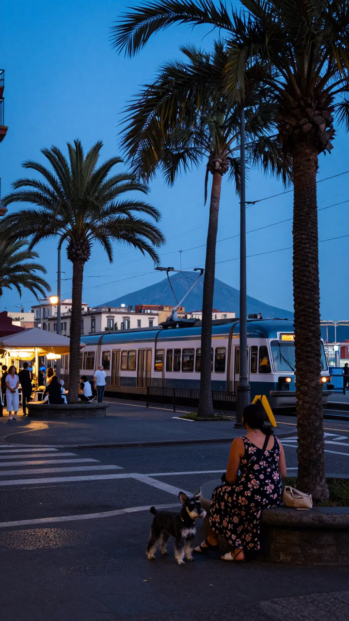Evening Naples Street Scene with Monorail and Local Life in in Naples, Italy
