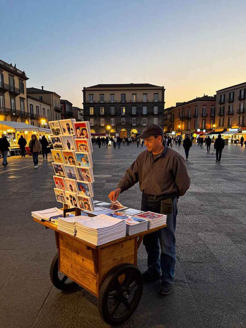 Evening Naples Street Scene with Postcards and Lively Local Interaction in in Naples, Italy